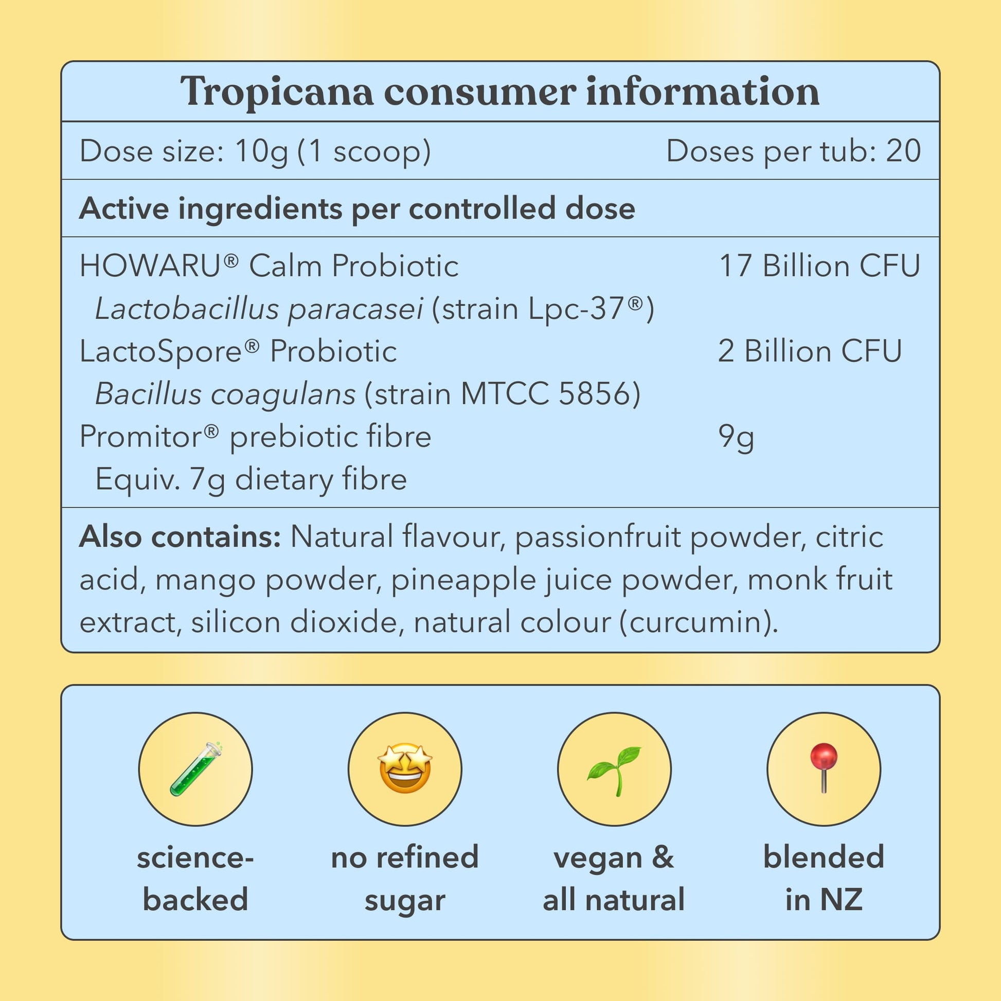 Tropicana consumer information label with product details on a yellow background