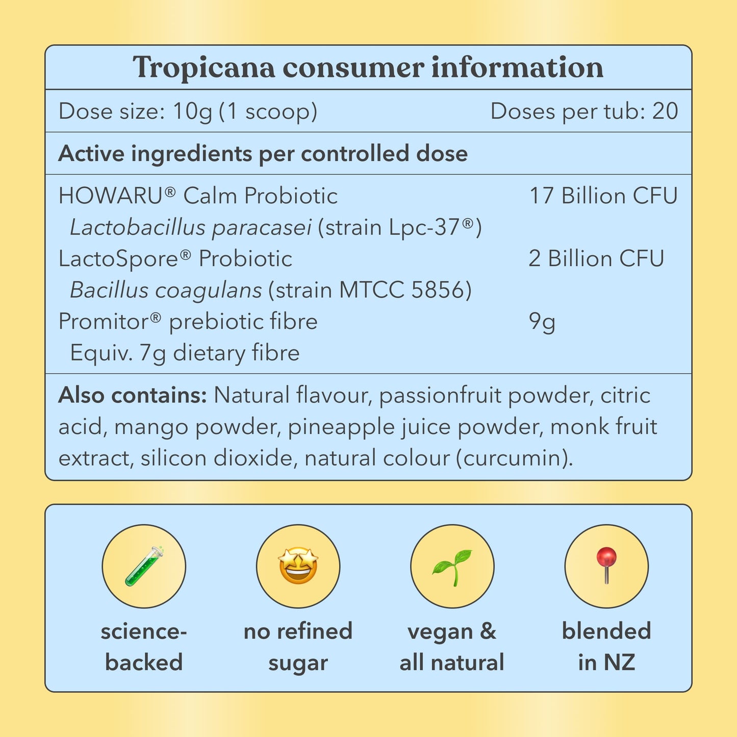Tropicana consumer information label with product details on a yellow background