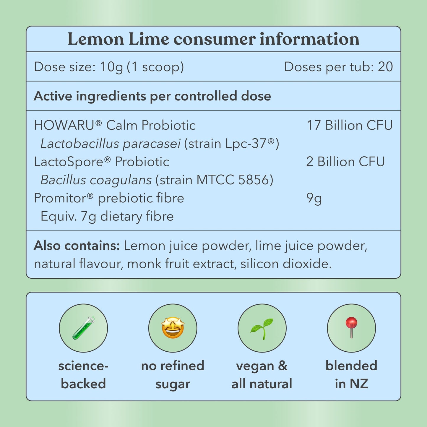 Lemon Lime - Pre + Probiotic Blend - For gut, stress, mood - Moodi - Nutrition information