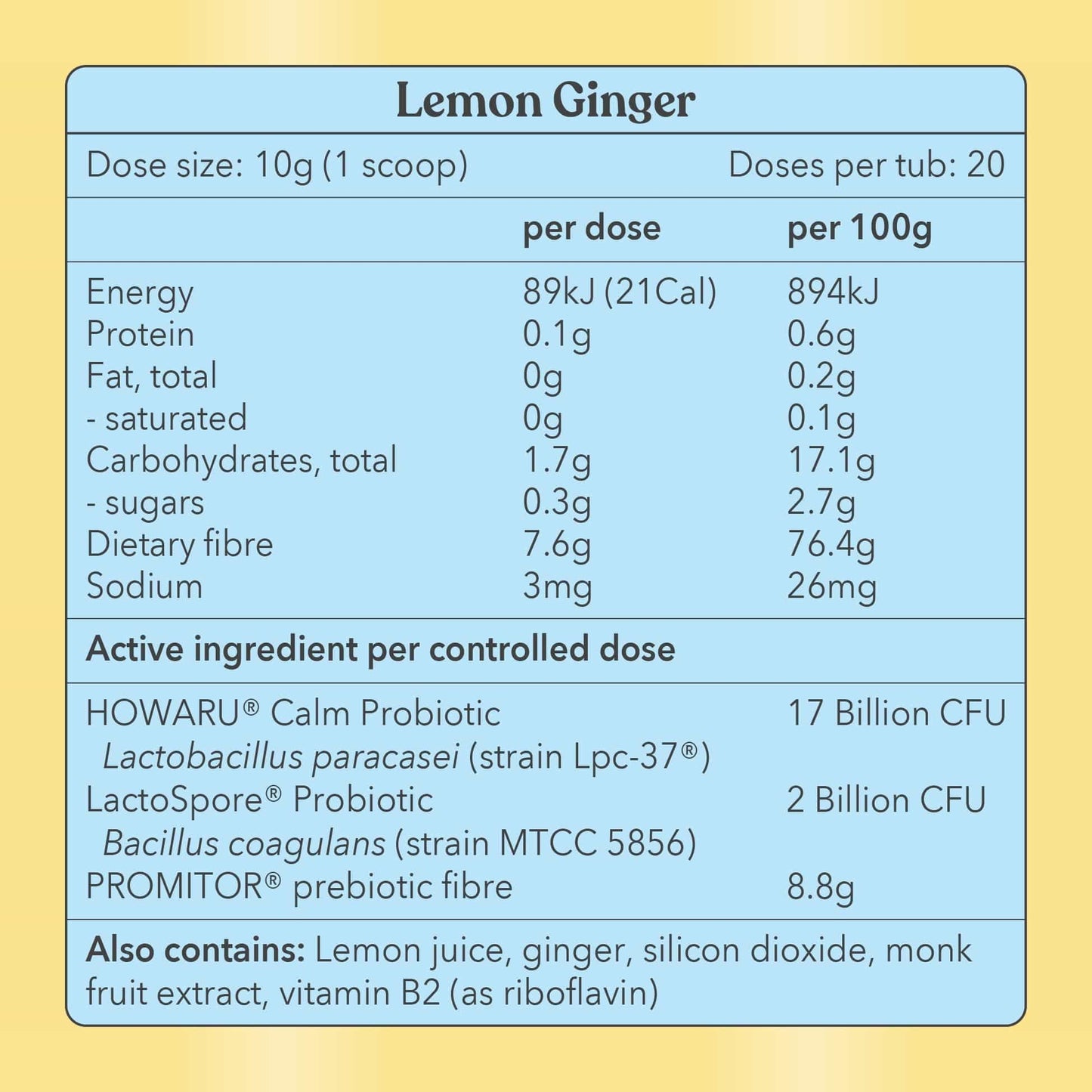 Lemon Ginger - Pre + Probiotic Blend - Moodi - Nutrition Information