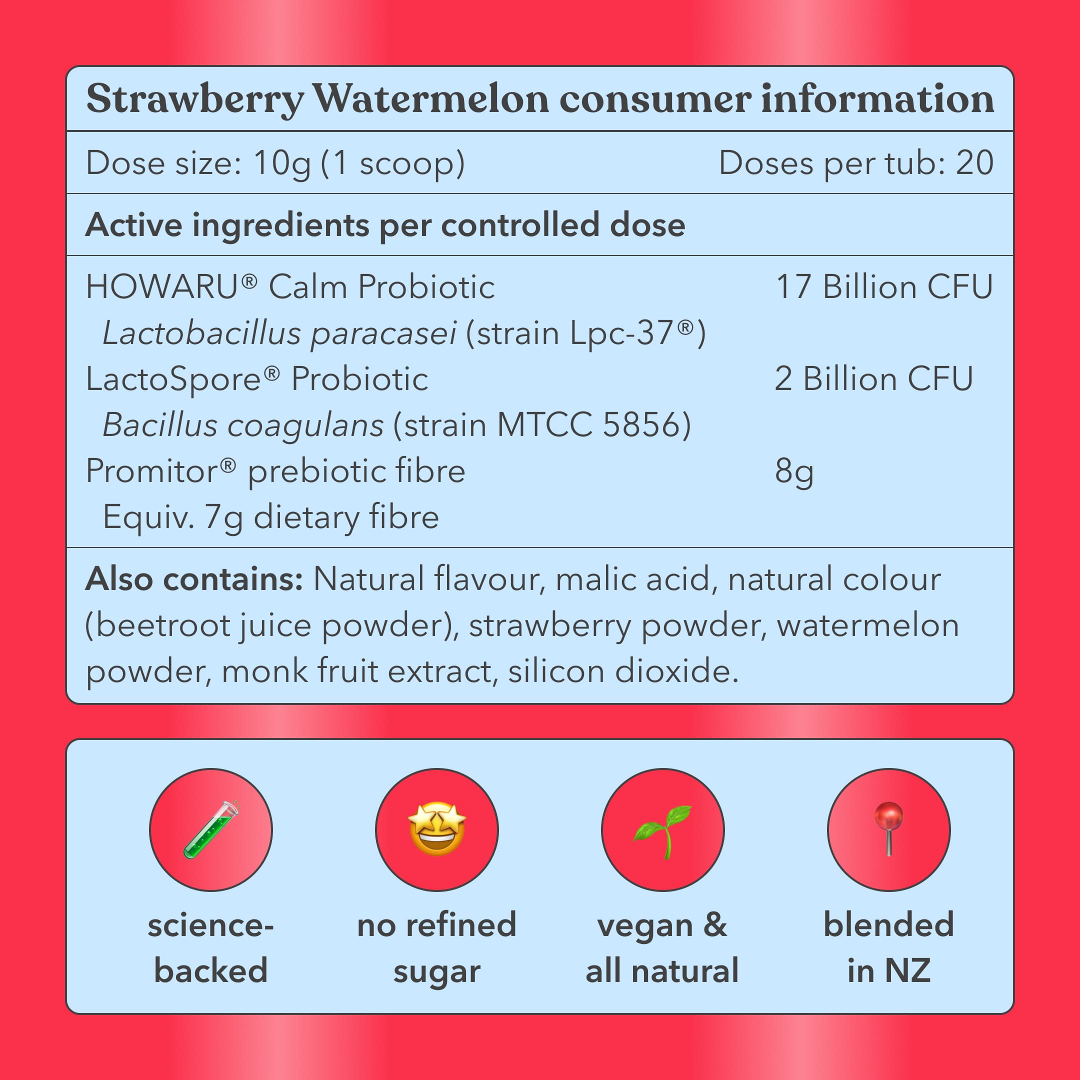 Strawberry Watermelon consumer information label with active ingredients and product details on a red background.