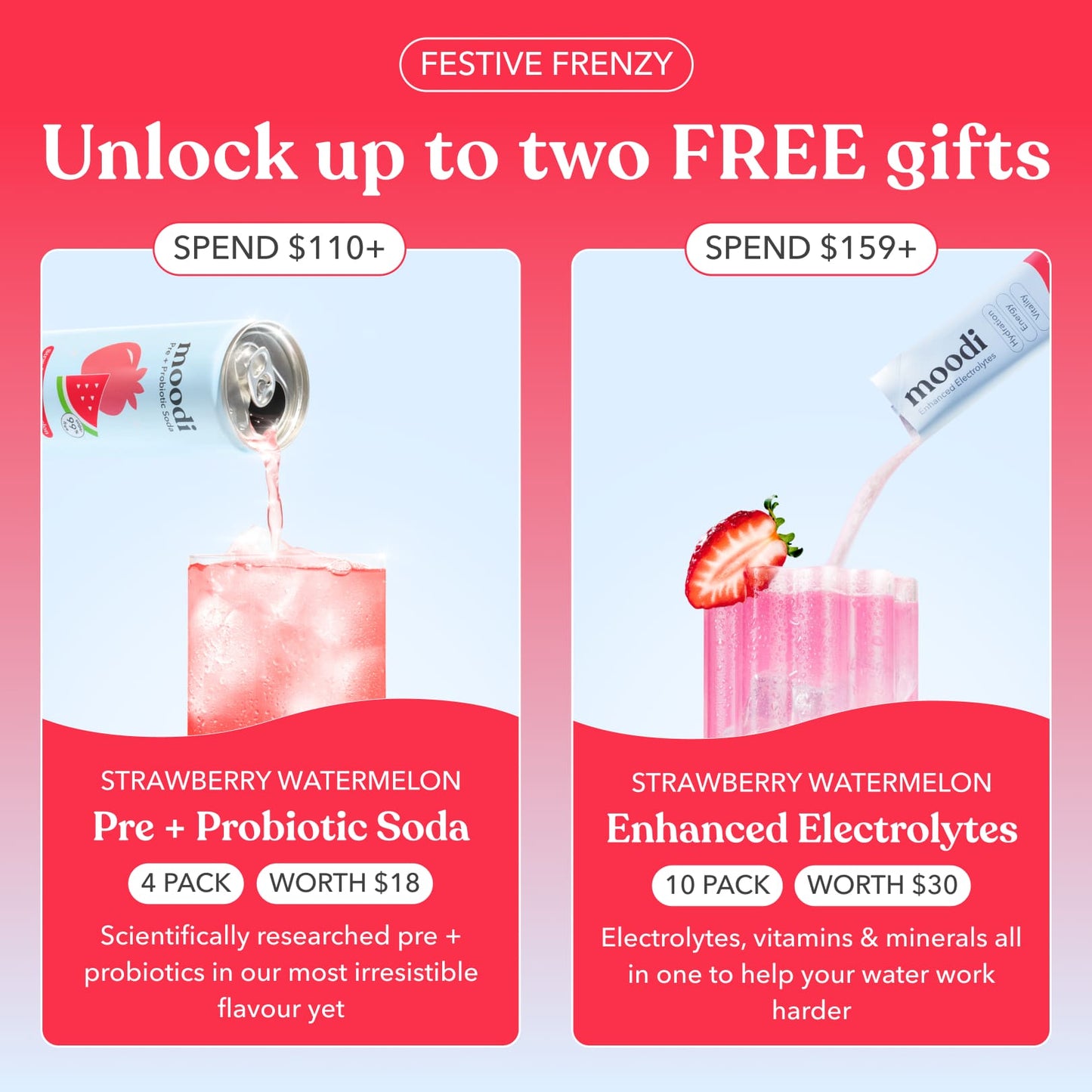 Festive Frenzy - Unlock up to two FREE gifts - Pre + Probiotic Soda - Enhanced Electrolytes