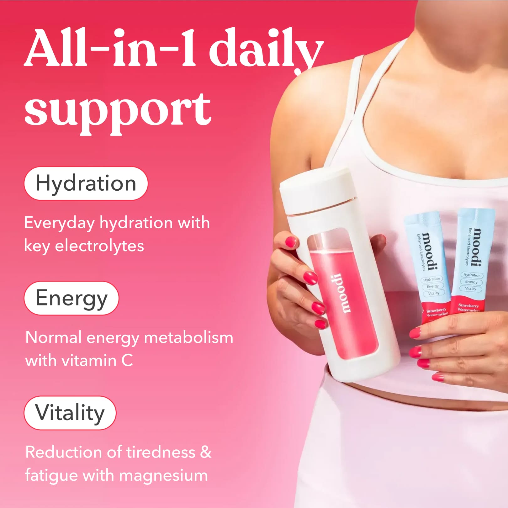Person holding Moodi drink bottle and two sachets of Moodi Strawberry Watermelon Enhanced Electrolytes on a pink background, with texts about
