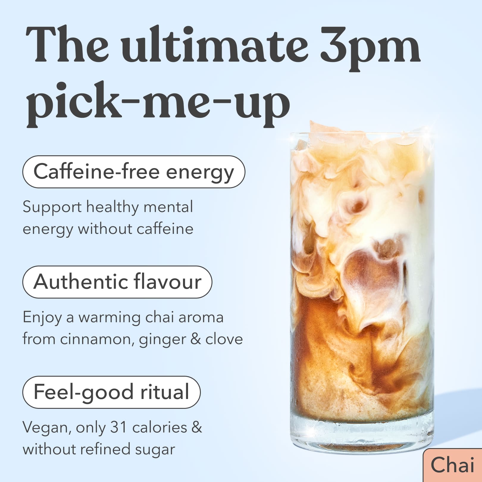 Glass of iced Moodi Chai with text highlighting benefits on a light blue background