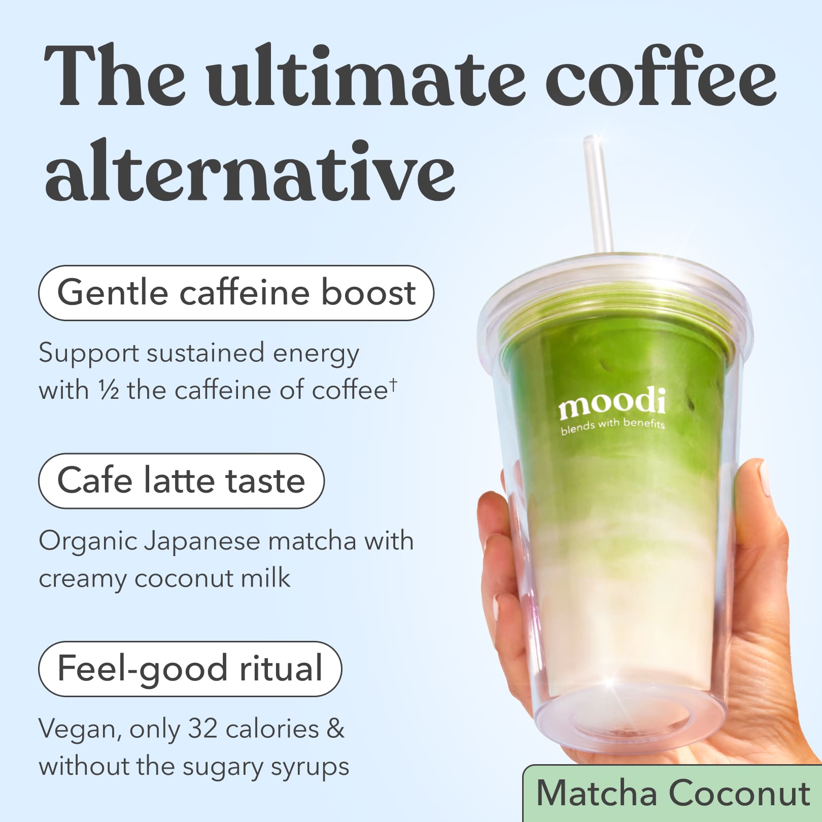 Moodi Matcha Coconut drink in a tumbler with text highlighting its benefits on a light blue background