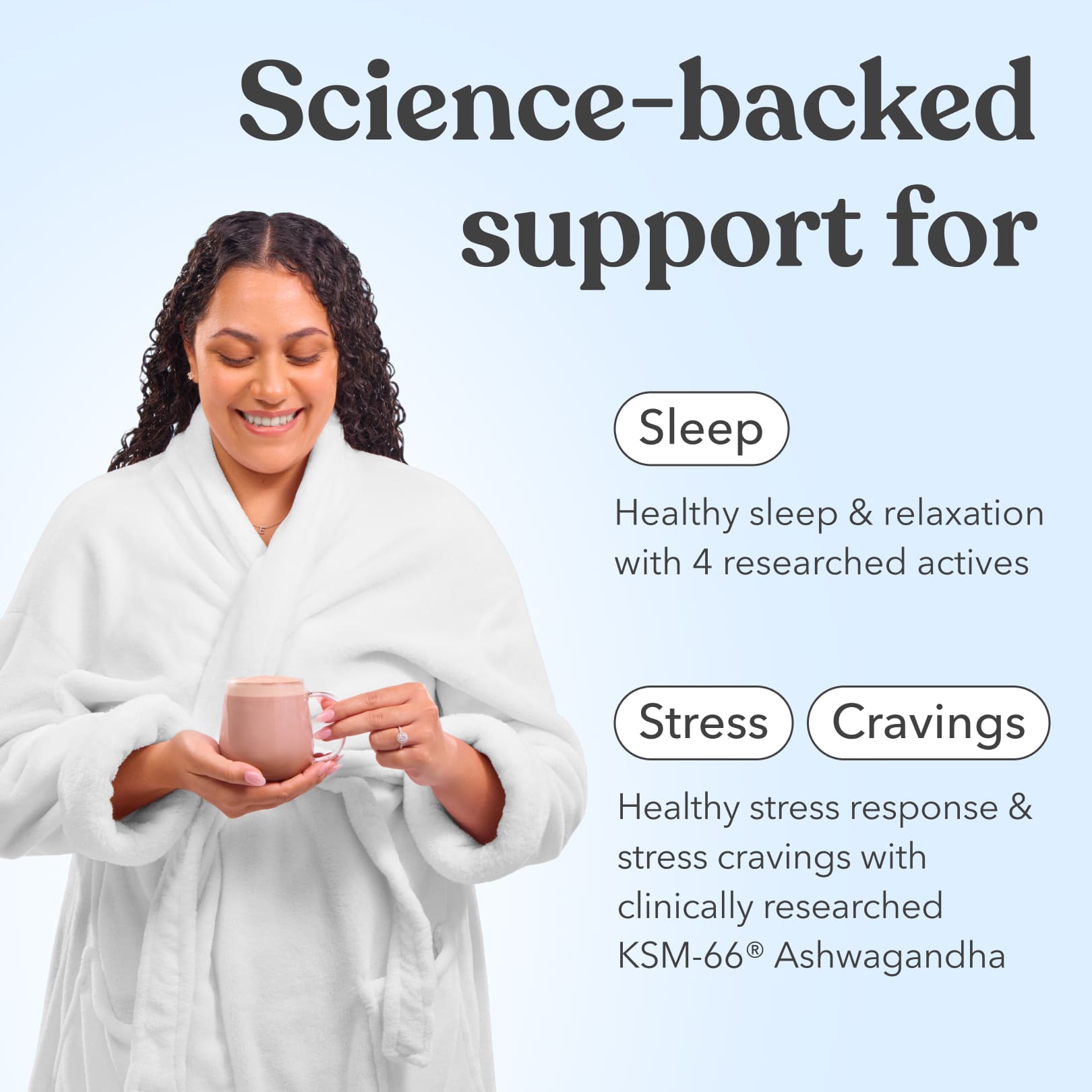 Woman in a white robe holding a mug of Moodi Mylk Chocolate with text about science-backed support for sleep, stress, and cravings.