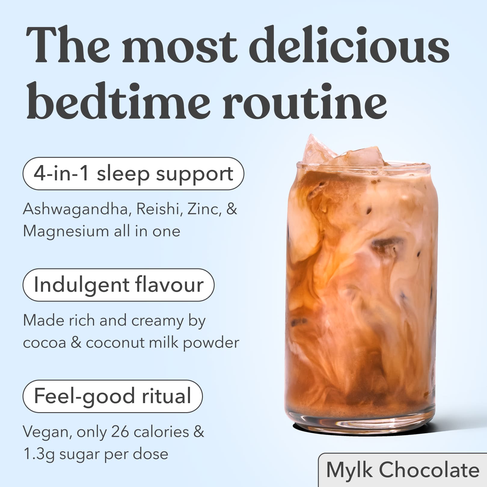 Glass of iced Moodi Mylk Chocolate with 'The most delicious bedtime routine' promotional text on a light blue background