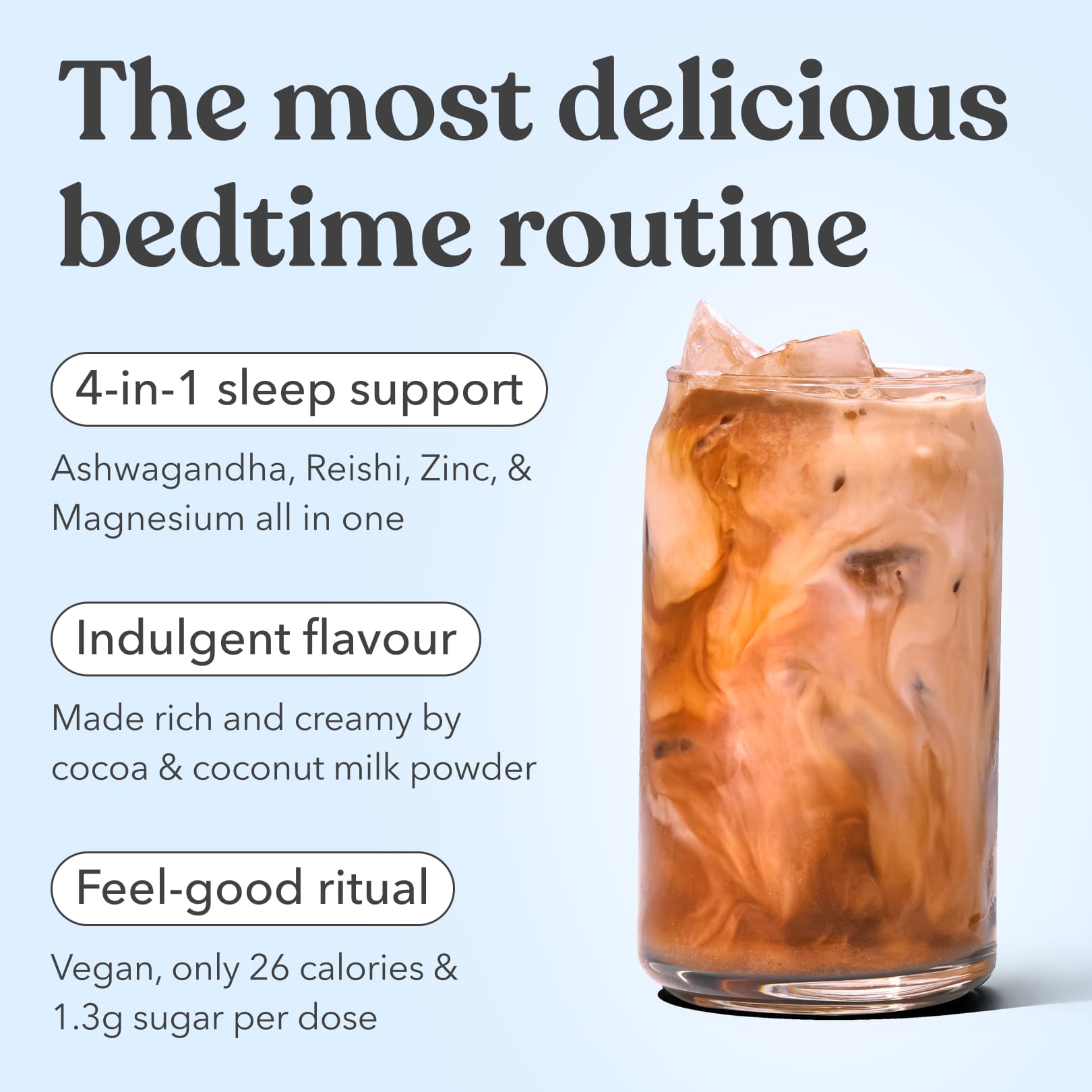 Glass of iced Moodi Mylk Chocolate with text about the 'most delicious bedtime routine' on a light blue background