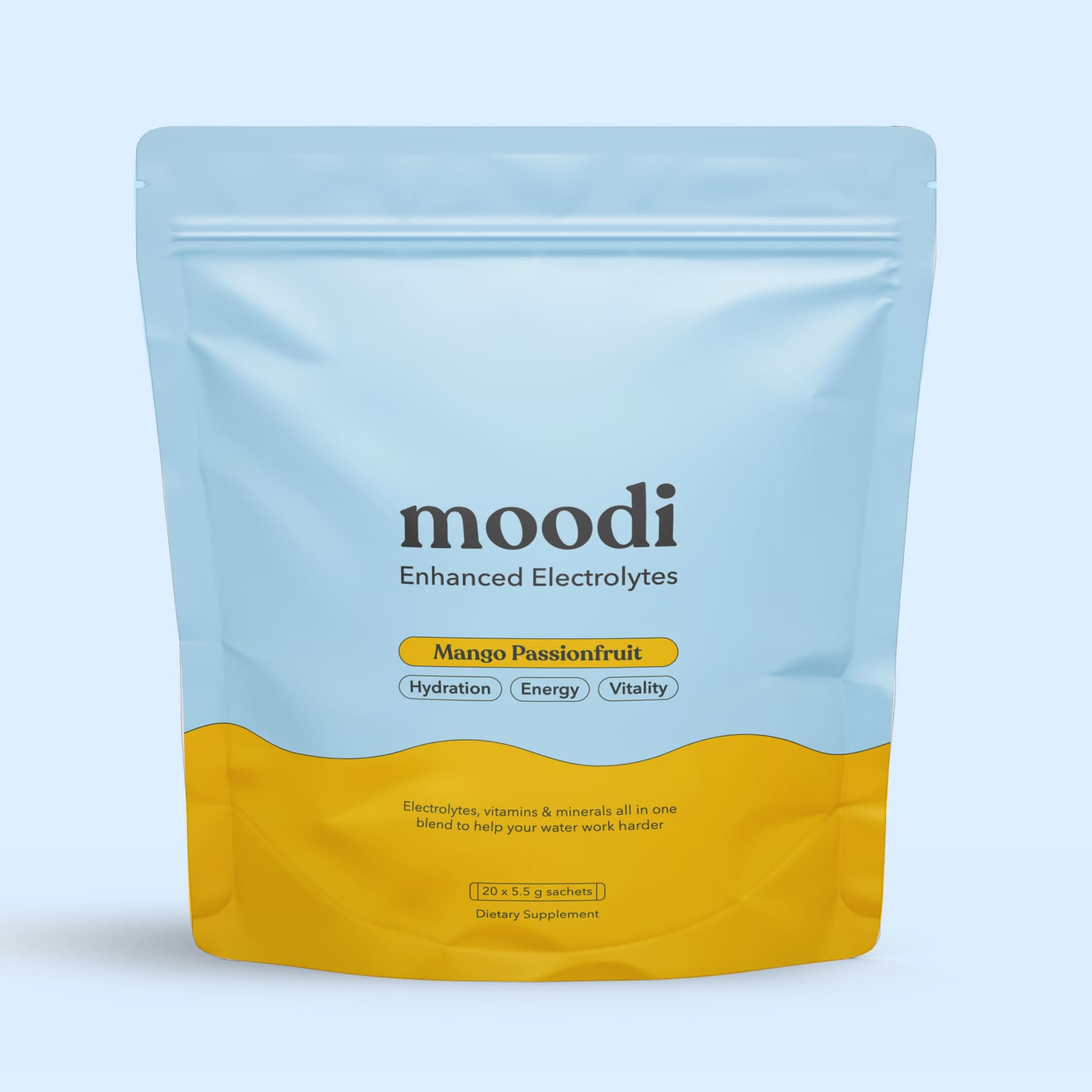 Moodi Mango Passionfruit Enhanced Electrolytes pouch on a light blue background