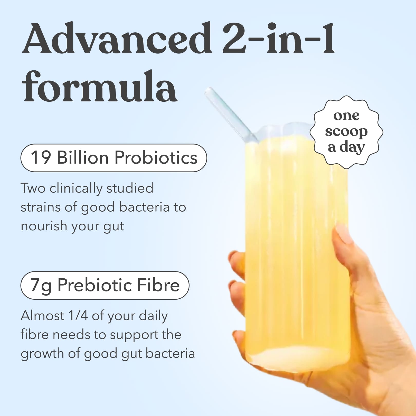 Hand holding a glass of Moodi Tropicana with text about its benefits on a light blue background