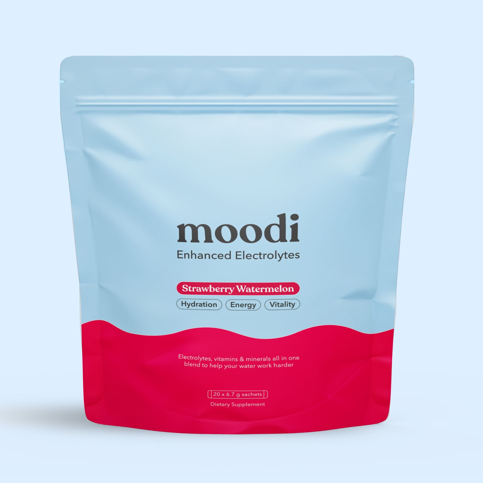 Moodi Strawberry Watermelon Enhanced Electrolytes pouch on a light blue background