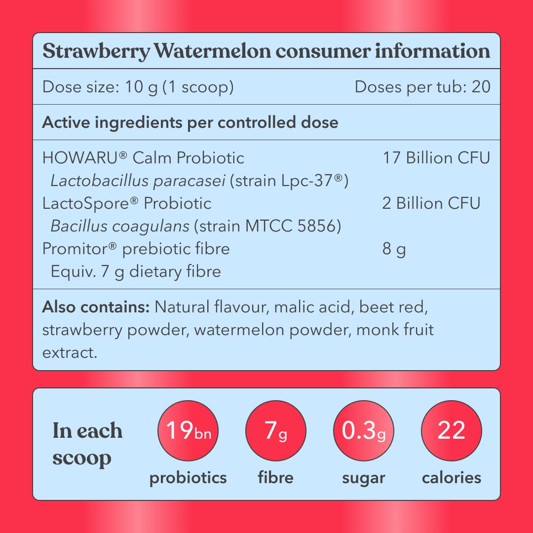 Strawberry Watermelon consumer information label with active ingredients and product details on a red background.