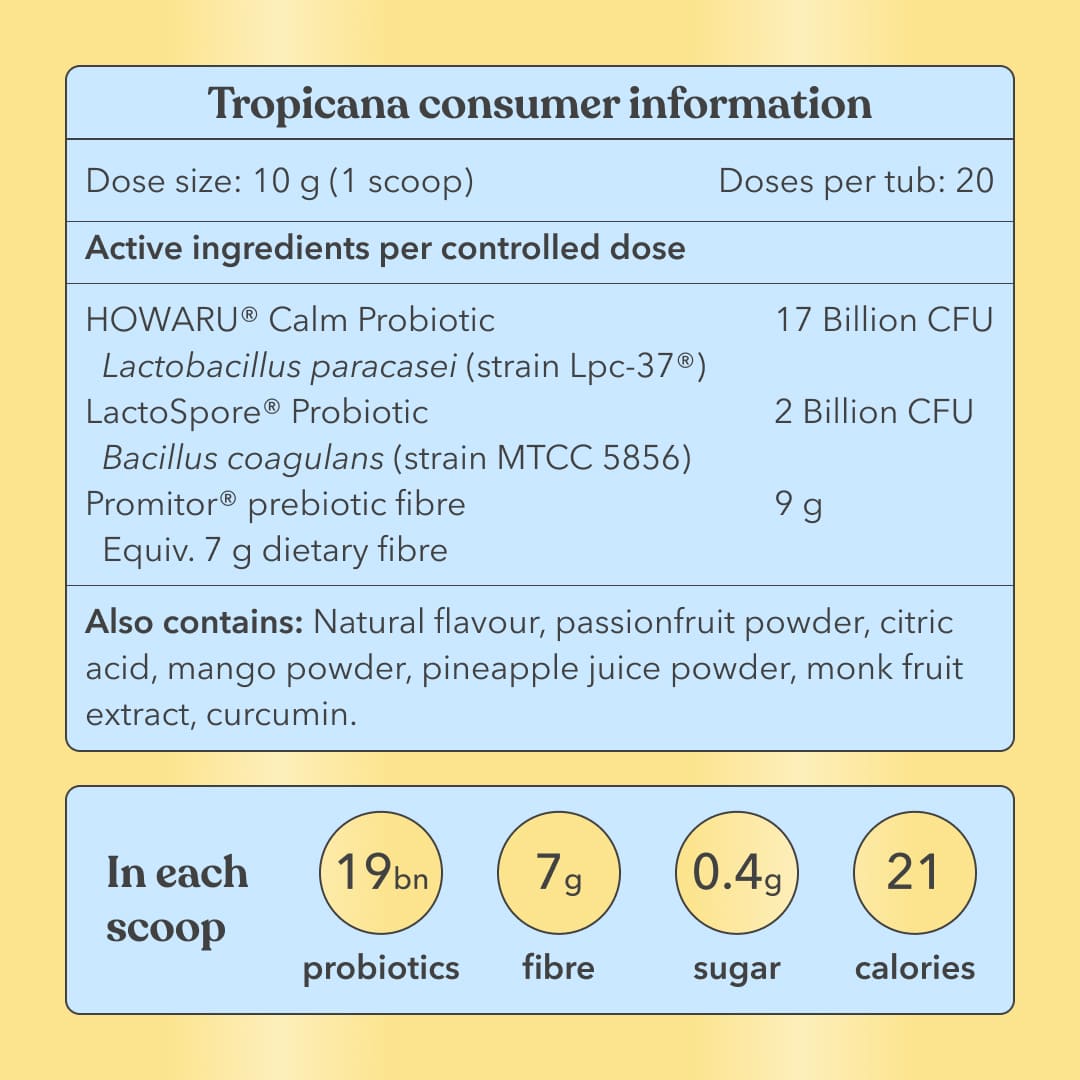 Tropicana consumer information label with product details on a yellow background
