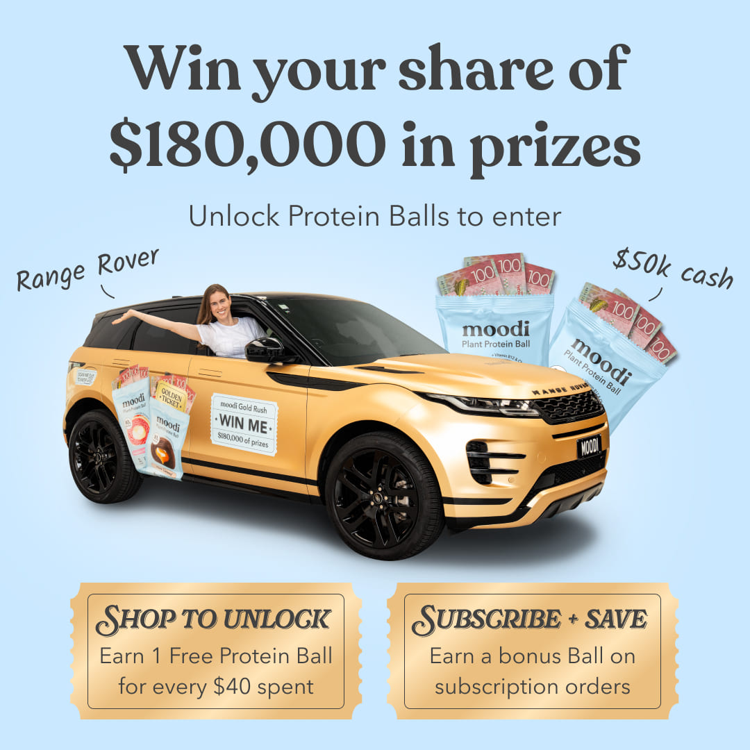 Promotional graphic for a prize draw with a Range Rover and protein balls on a light blue background.