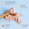 KSM-66 Ashwagandha powder with a scoop on a light blue background, featuring ingredients and benefits.