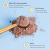 Cocoa powder with a gold spoon on a light blue background, featuring KSM-66 Ashwagandha, Pea Protein, and Maca labels.