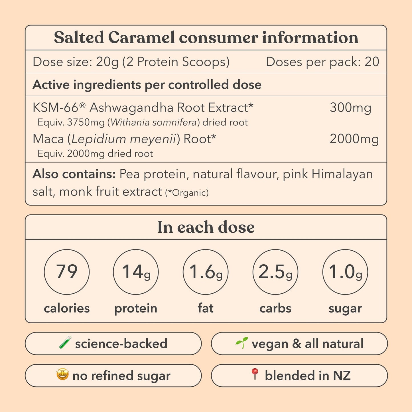 Slated Caramel consumer information label with nutritional details and product features on a light brown background.