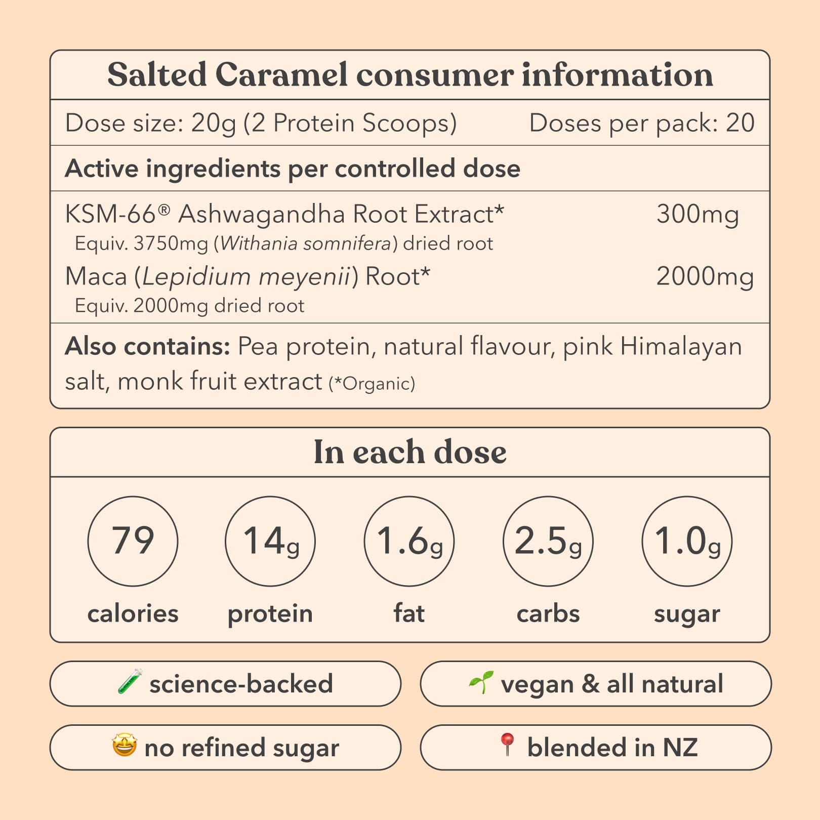 Slated Caramel consumer information label with nutritional details and product features on a light brown background.