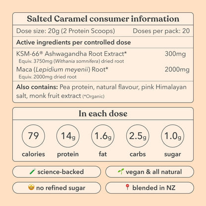 Slated Caramel consumer information label with nutritional details and product features on a light brown background.