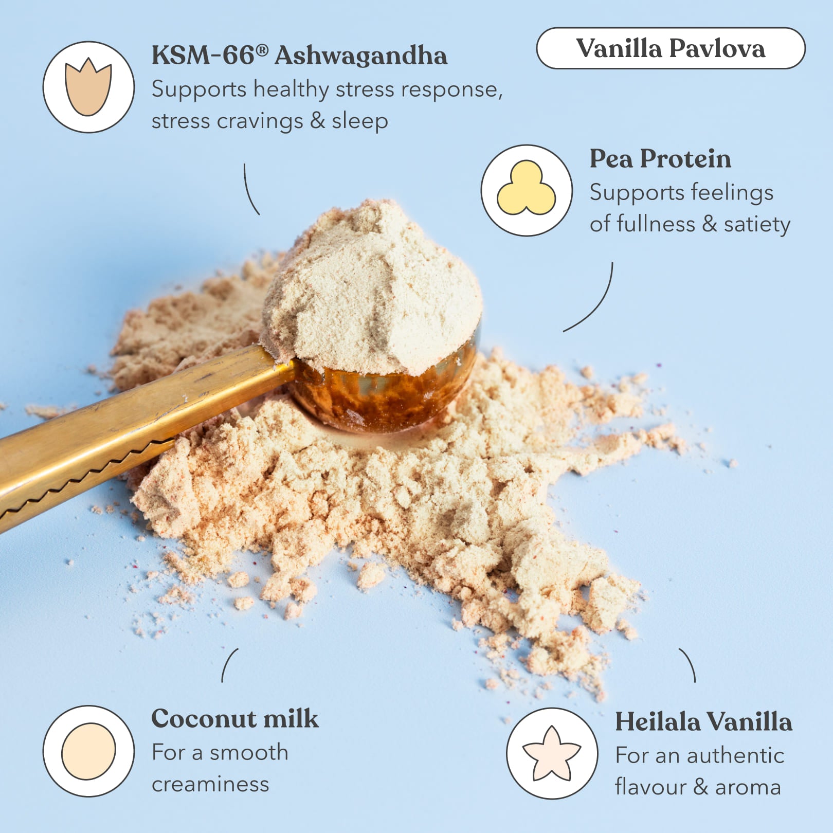 Vanilla protein powder with a scoop on a light blue background, featuring ingredients and benefits.
