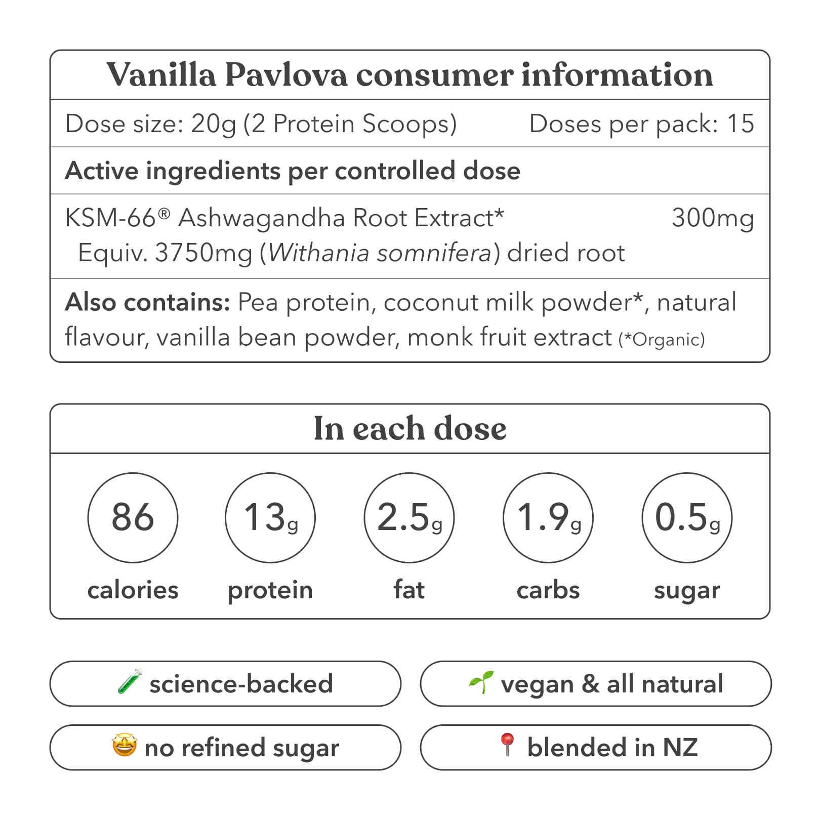 Vanilla Pavlova consumer information label with nutritional details and product features.