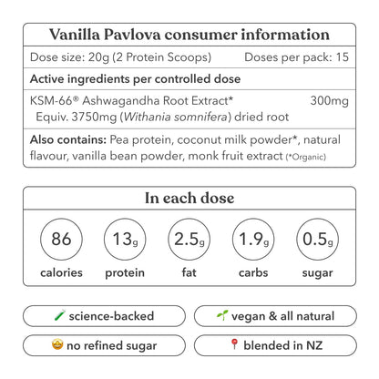 Vanilla Pavlova consumer information label with nutritional details and product features.