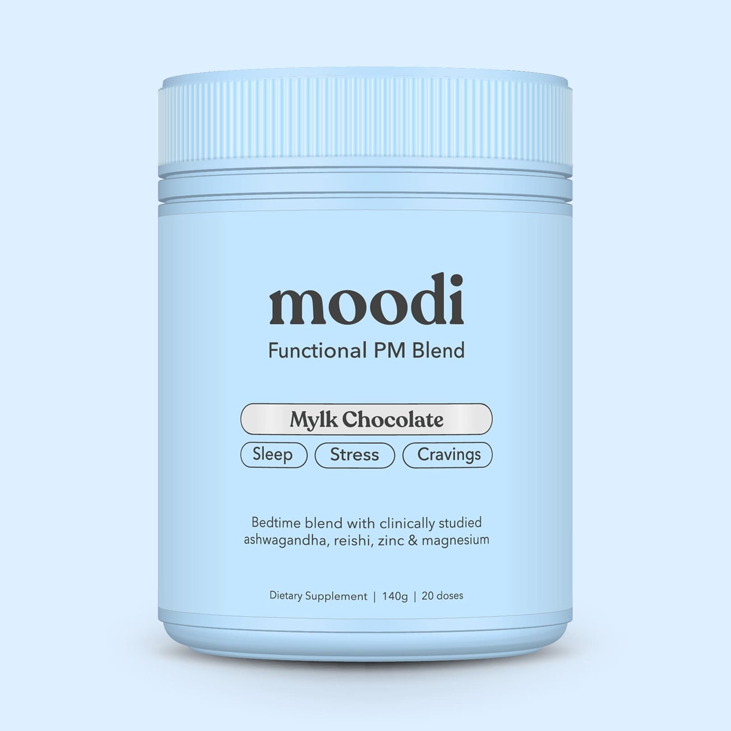 Blue container of 'moodi' Functional PM Blend on a light blue background