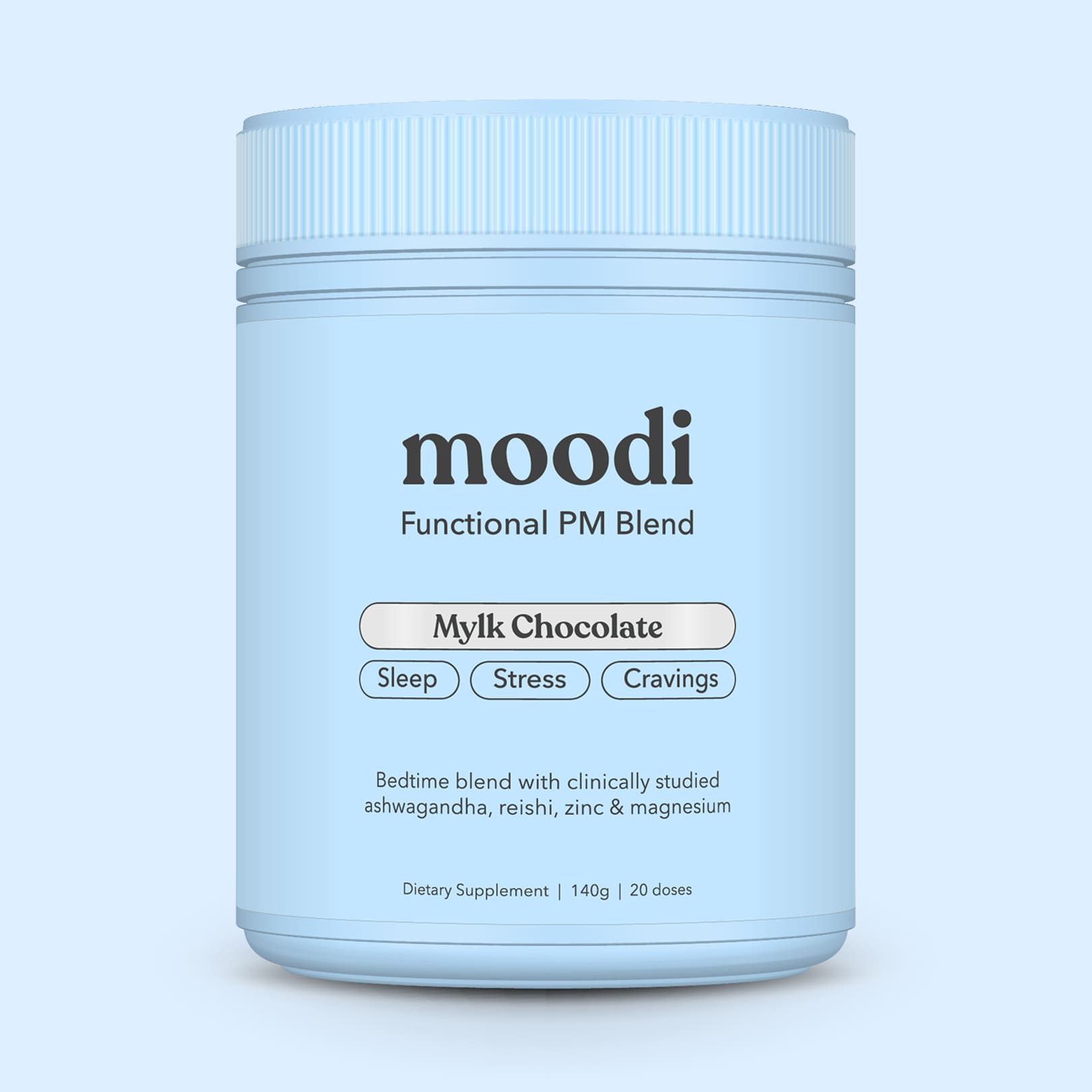 Blue container of 'moodi' Functional PM Blend on a light blue background