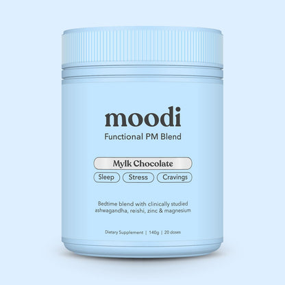 Blue container of 'moodi' Functional PM Blend on a light blue background
