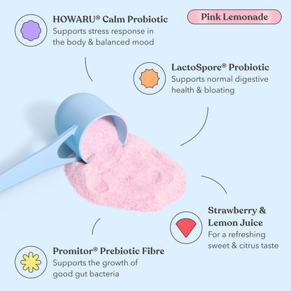 Pink powder being poured from a blue scoop with health benefits listed on a light blue background