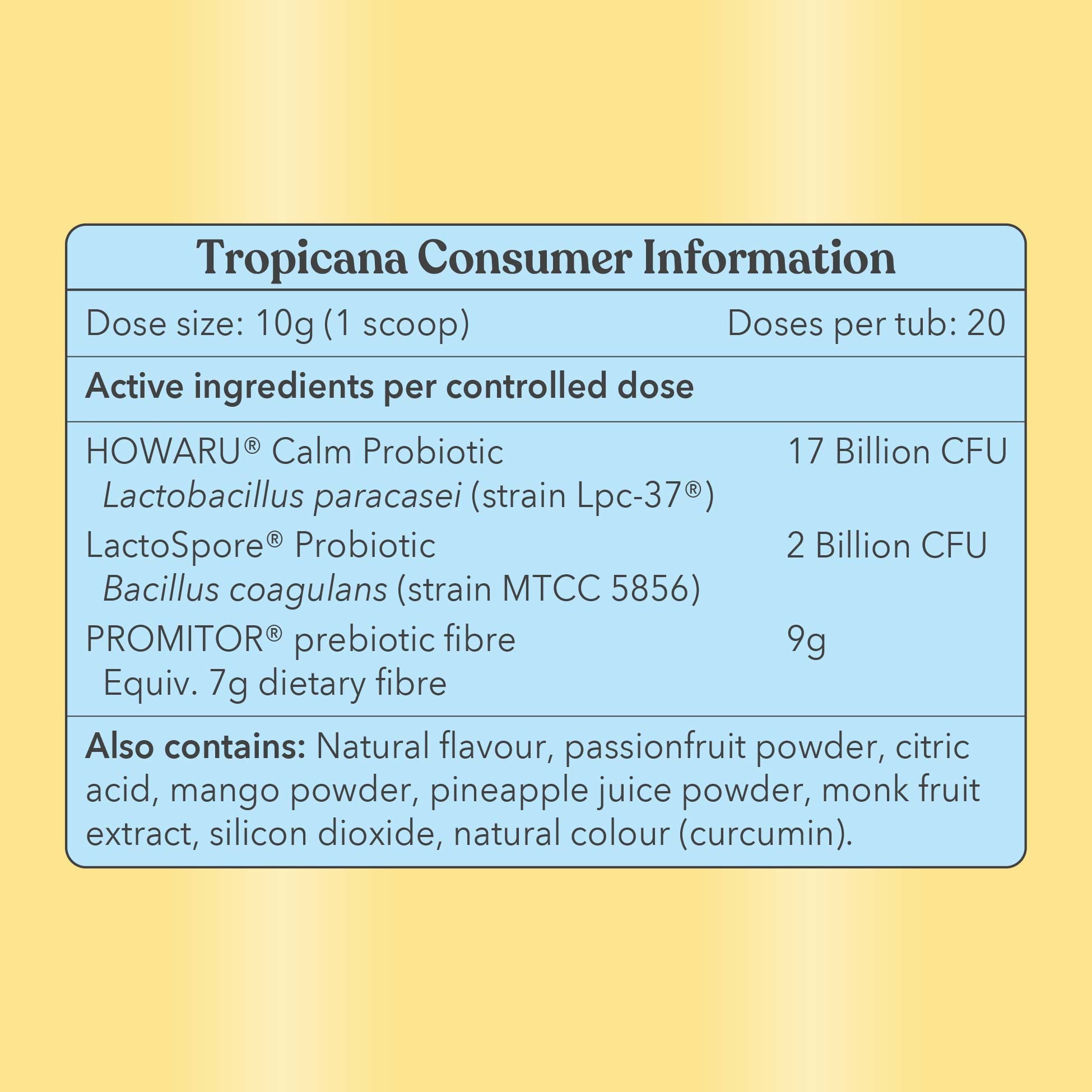 Tropicana consumer information label with product details on a yellow background