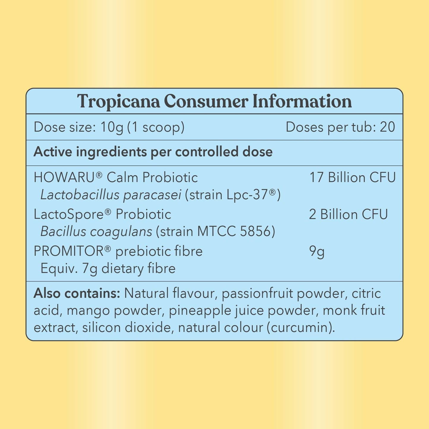 Tropicana consumer information label with product details on a yellow background