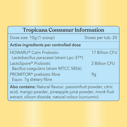 Tropicana consumer information label with product details on a yellow background