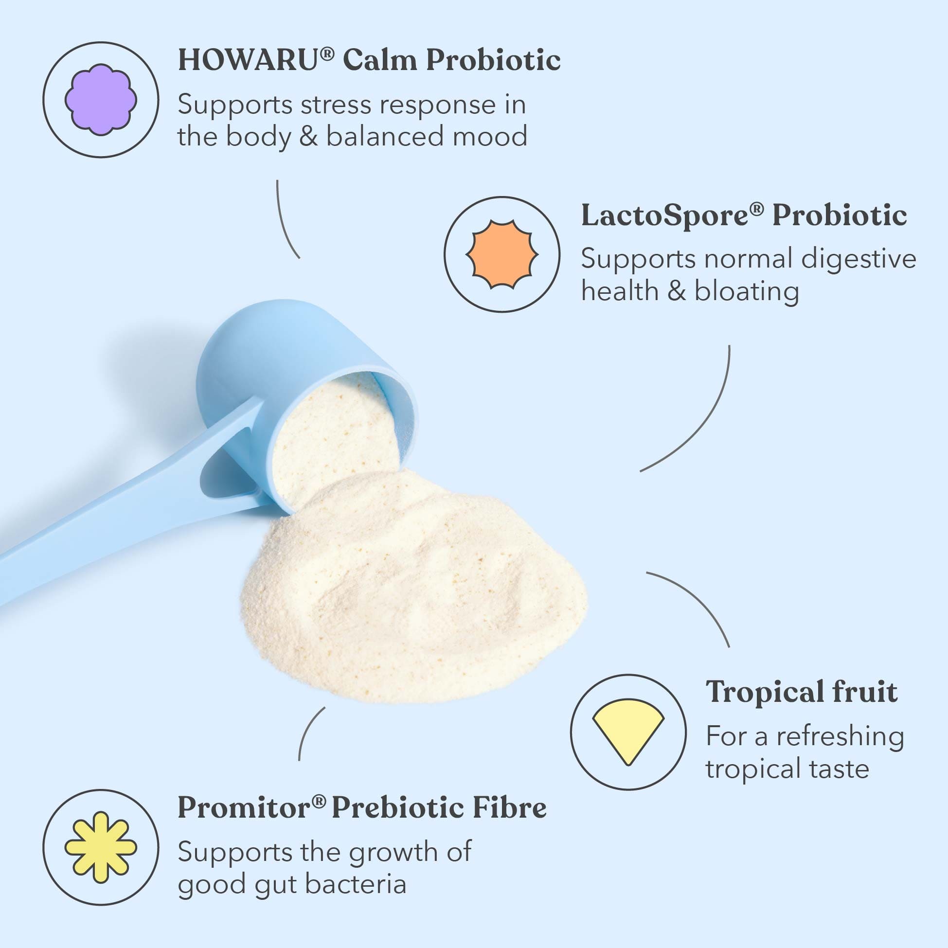 Probiotic powder being poured into a scoop with text about its benefits on a light blue background