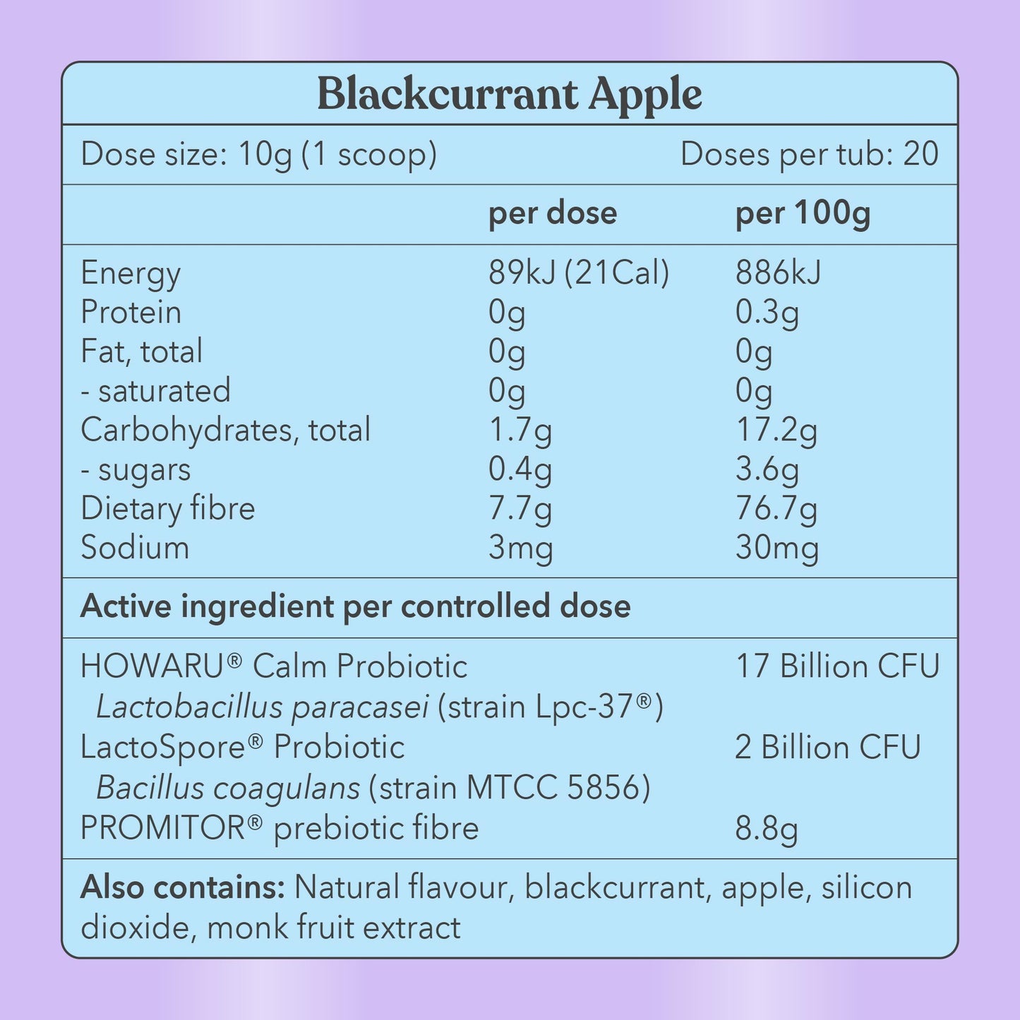 Blackcurrant Apple - Pre + Probiotic Blend - Nutrition Information - Moodi