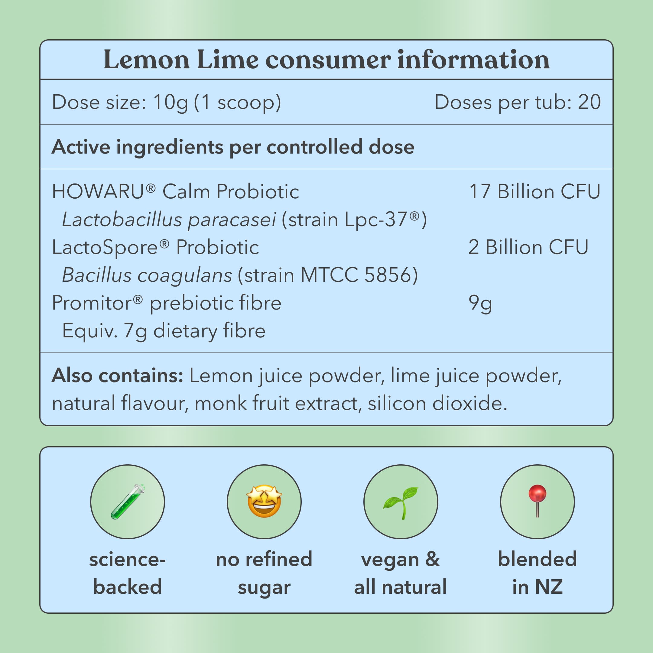 Lemon Lime - Pre + Probiotic Blend - For gut, stress, mood - Moodi - Nutrition information