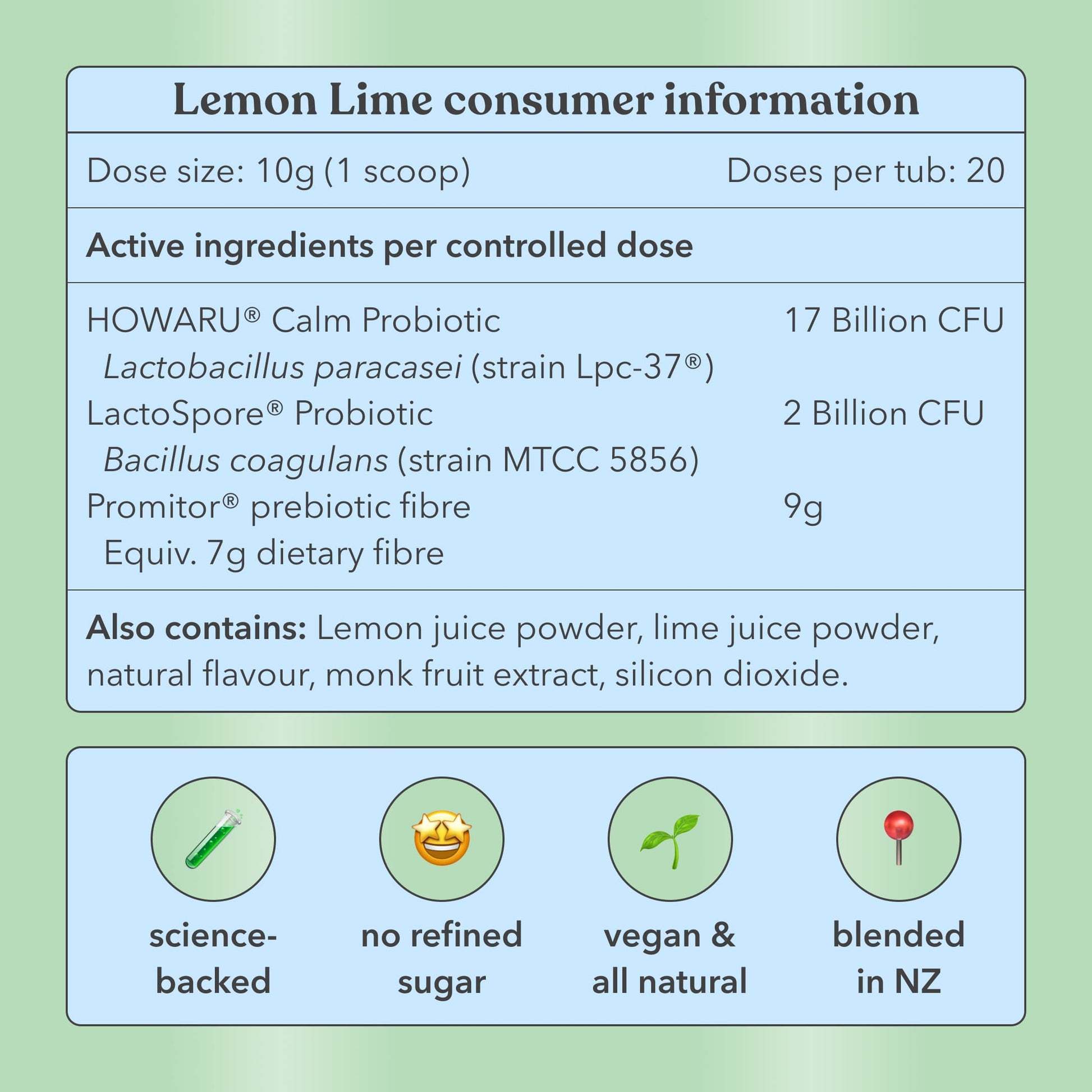 Lemon Lime - Pre + Probiotic Blend - For gut, stress, mood - Moodi - Nutrition information