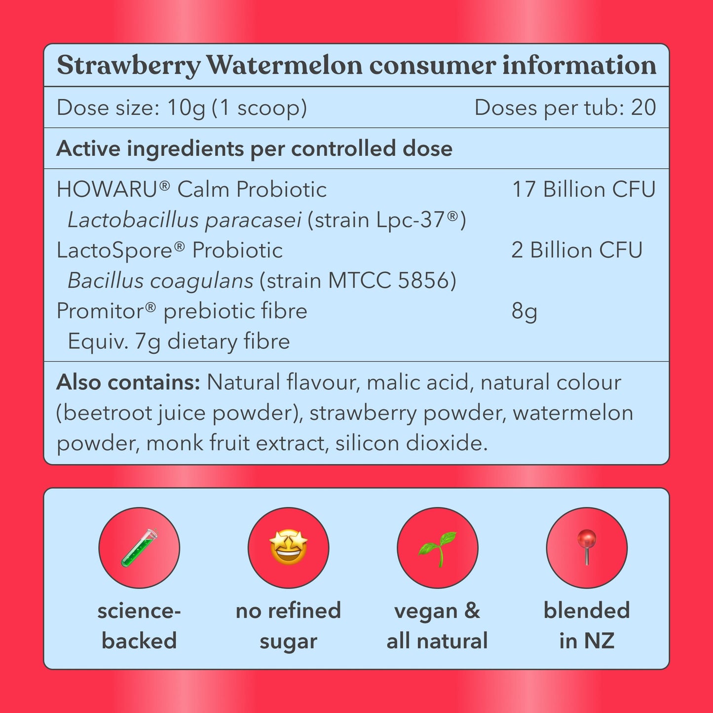 Strawberry Watermelon consumer information label with active ingredients and product details on a red background.