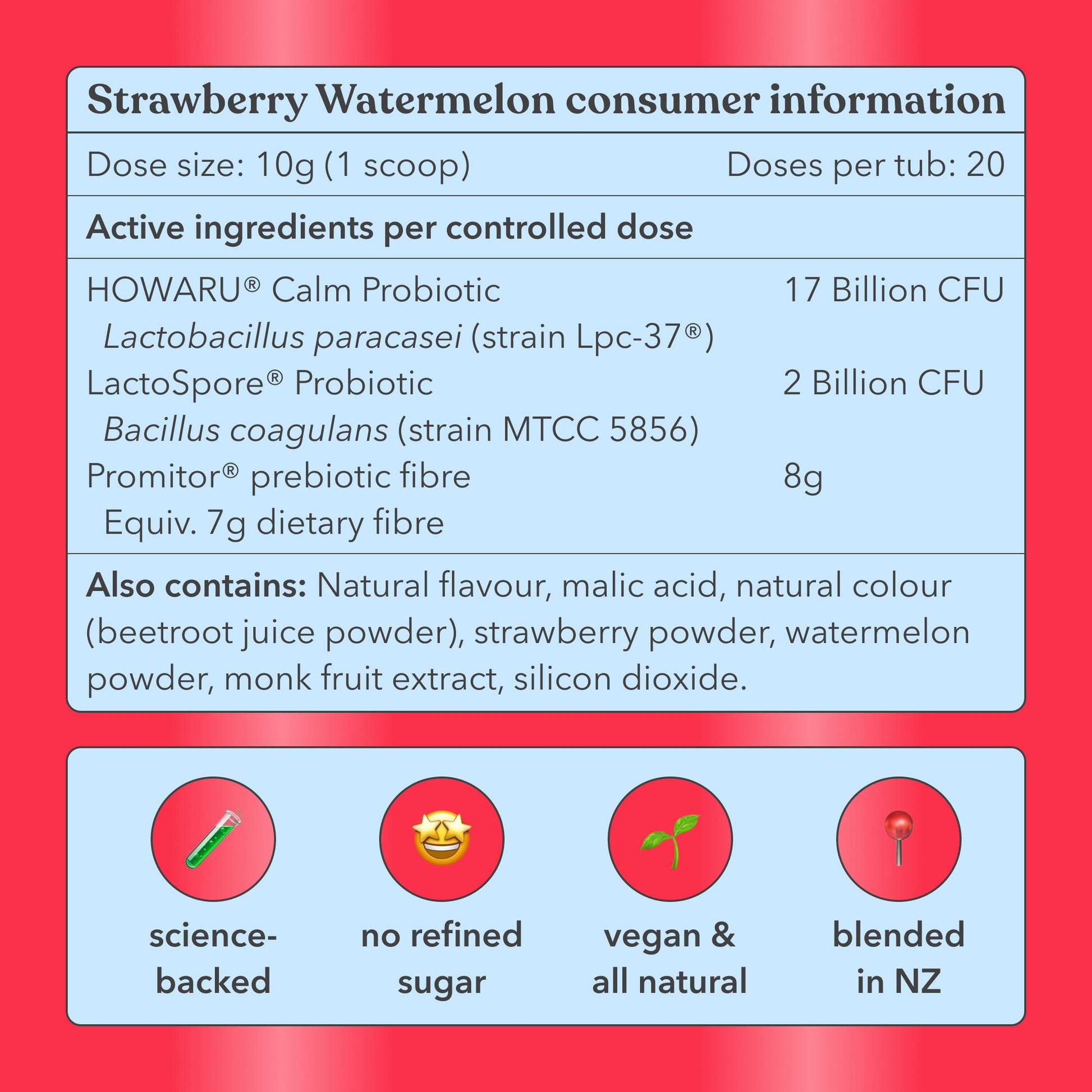 Strawberry Watermelon consumer information label with active ingredients and product details on a red background.