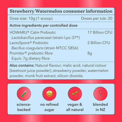 Strawberry Watermelon consumer information label with active ingredients and product details on a red background.