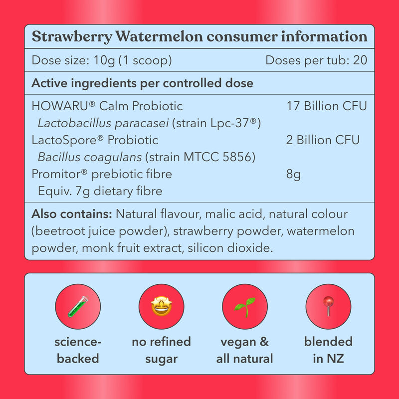 Strawberry Watermelon consumer information label with active ingredients and product details on a red background.