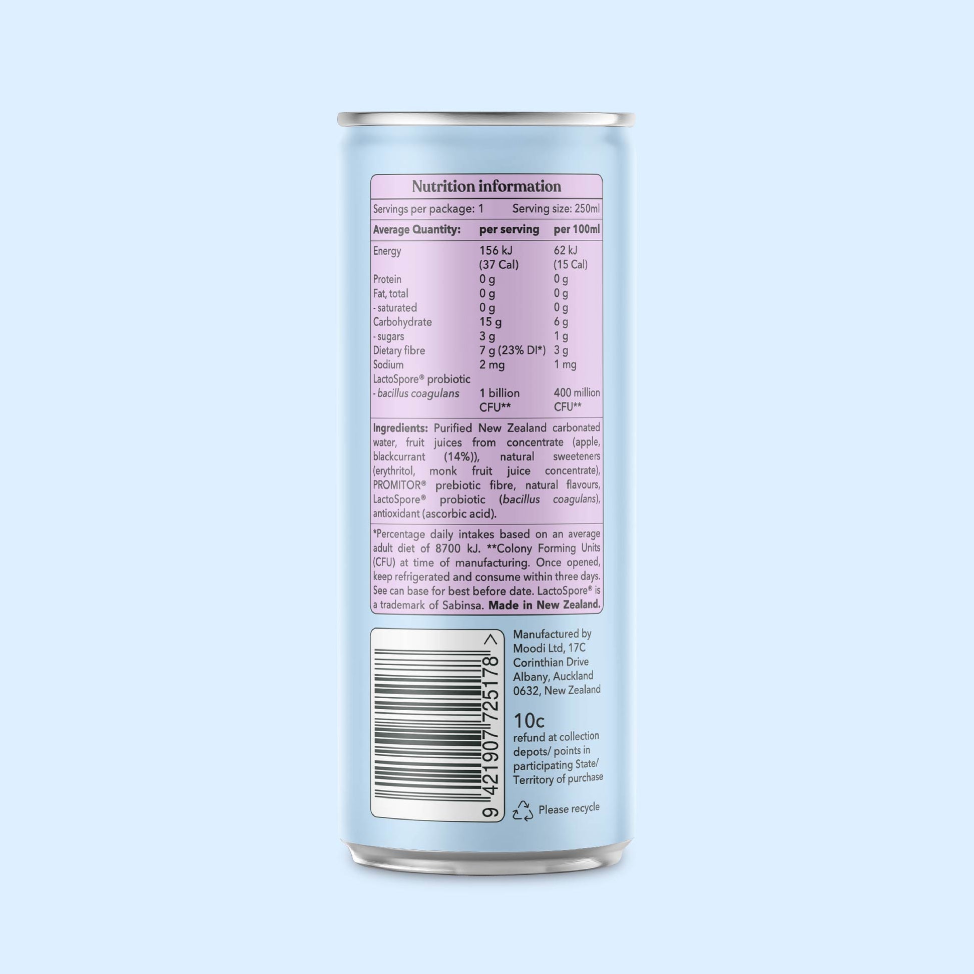 Moodi Pre + Probiotic Soda - Blackcurrant Apple - Nutrition Information
