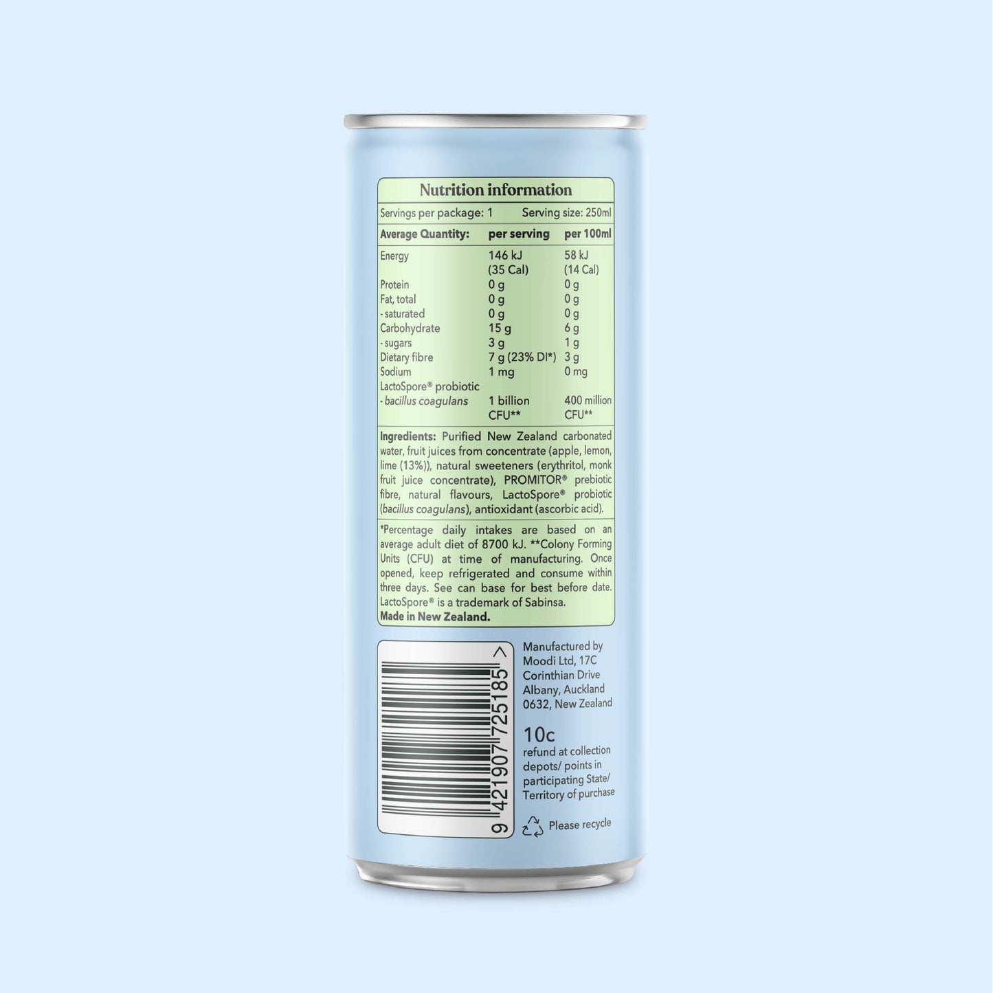 Moodi Pre + Probiotic Soda - Lemon Lime - Nutrition Information