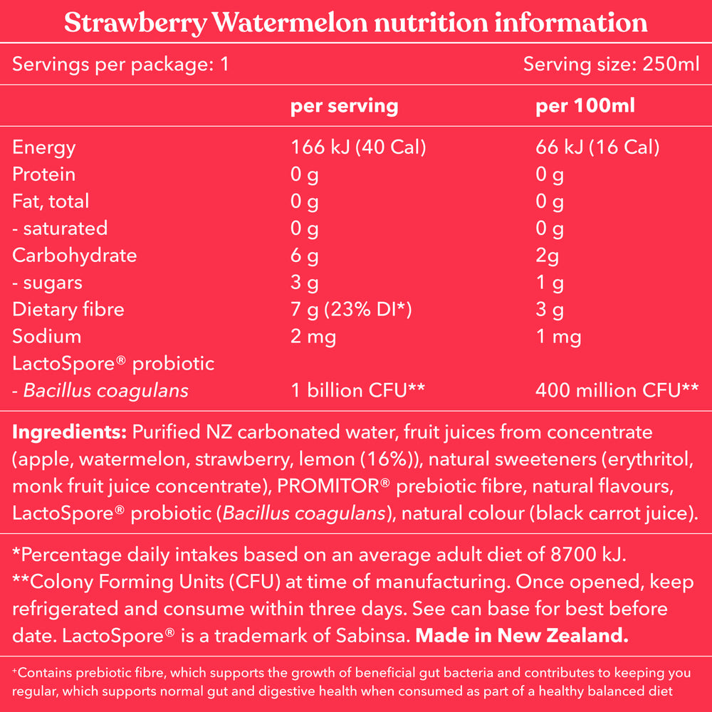Nutrition information and ingredient list for Strawberry Watermelon on a red background