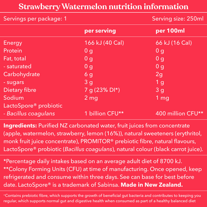Nutrition information and ingredient list for Strawberry Watermelon on a red background