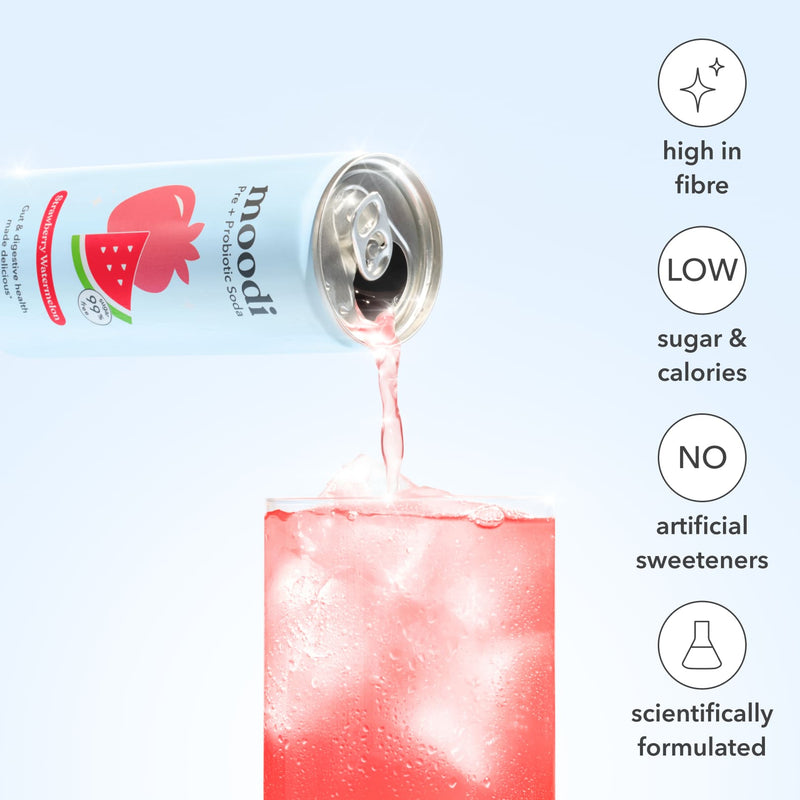 Moodi watermelon soda can being poured into a glass with health benefits text on a light blue background