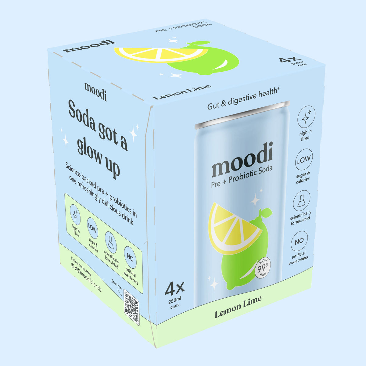 moodi pre + probiotic soda packaging for lemon lime flavor on a light blue background