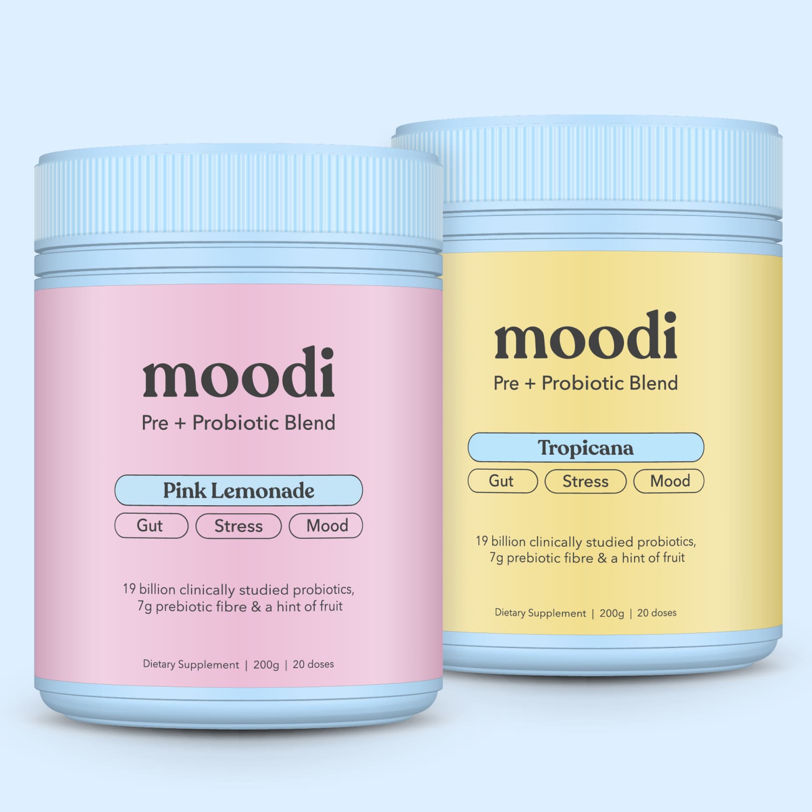 Two jars of moodi pre + probiotic blend, one pink lemonade and one tropicana, on a light blue background.