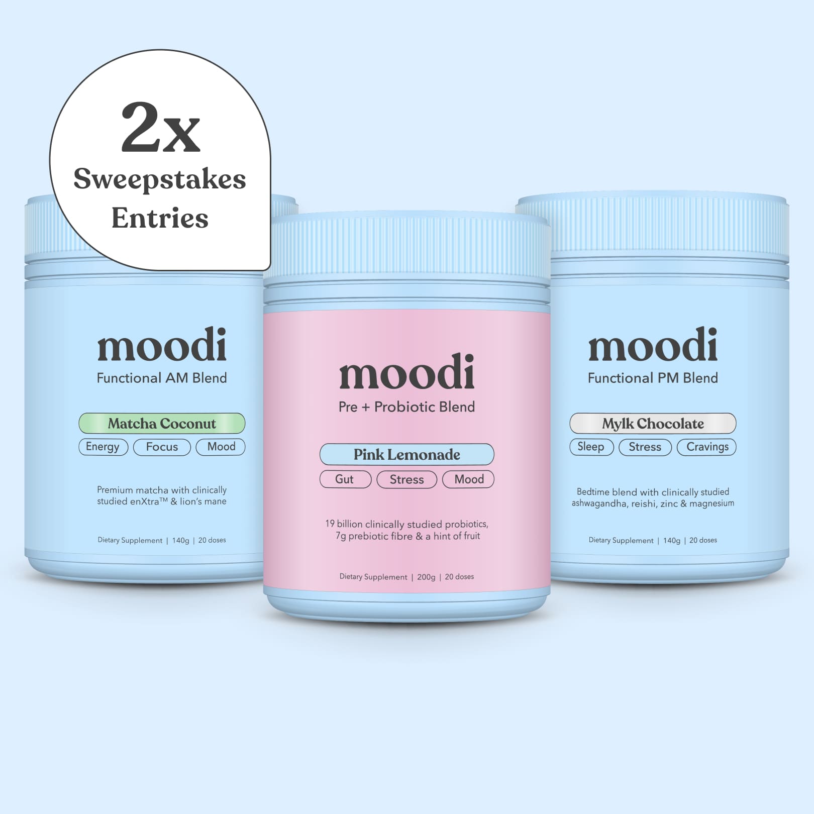 Three containers of moodi supplements on a light blue background with a '2x Sweepstakes Entries' label.