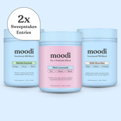 Three containers of moodi supplements on a light blue background with a '2x Sweepstakes Entries' label.